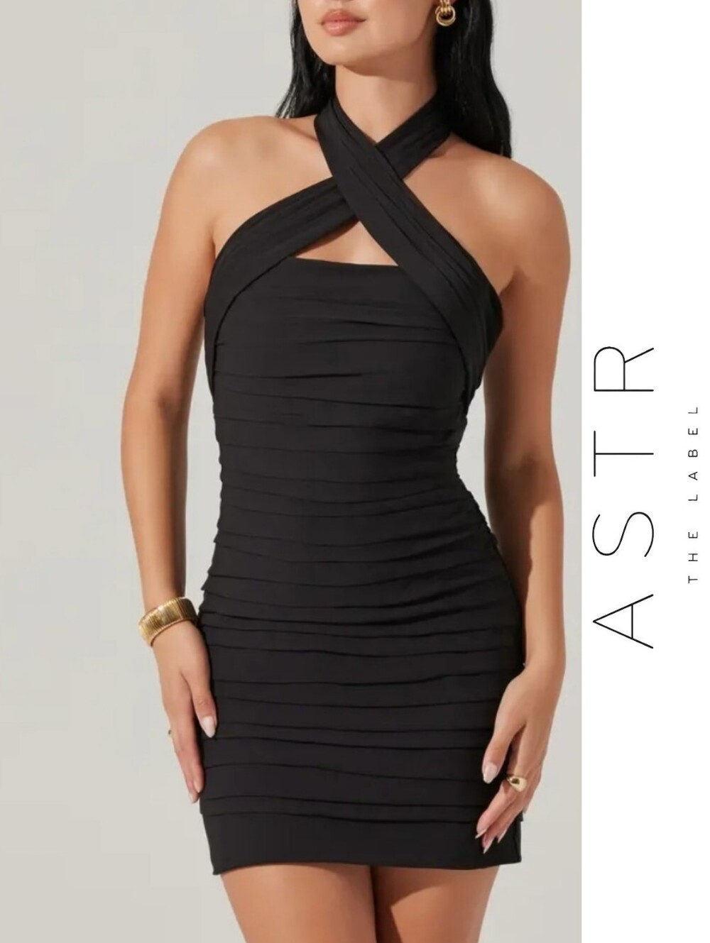 ASTR The Label Heidy Bandage Mini Dress Halterneck Crisscross Ruched - Black